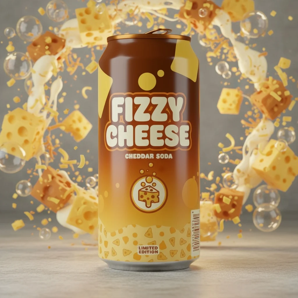 A can of Fizzy Cheese Cheddar Soda exploding with cheese cubes and bubbles